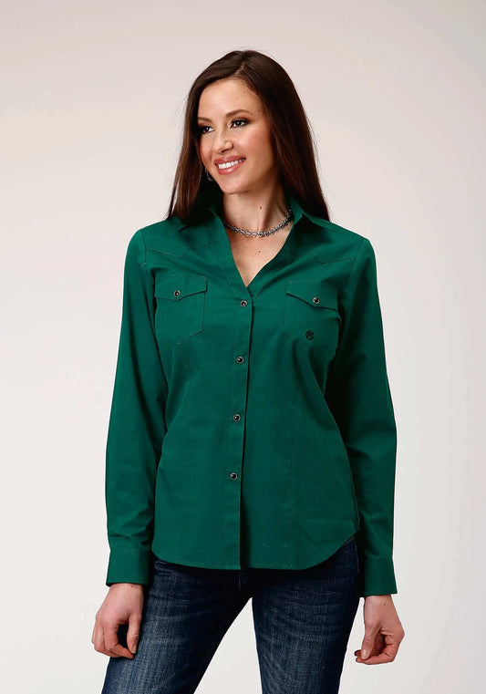 Roper Womens Long Sleeve Snap Black Fill Solid Green Western Shirt - Roper - Flyclothing LLC