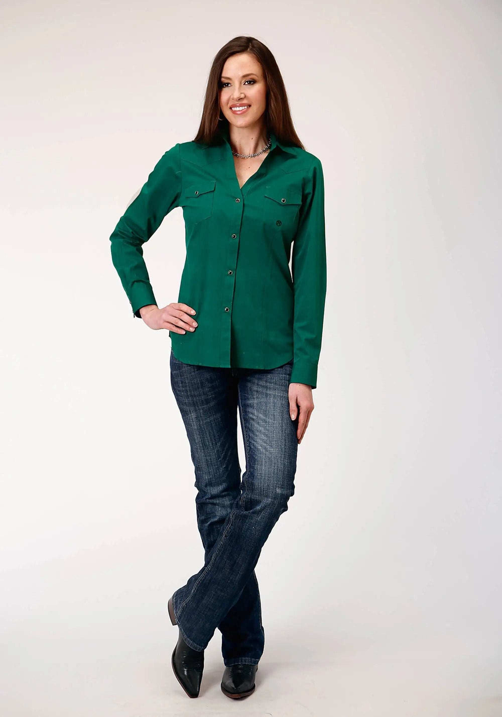 Roper Womens Long Sleeve Snap Black Fill Solid Green Western Shirt - Roper - Flyclothing LLC