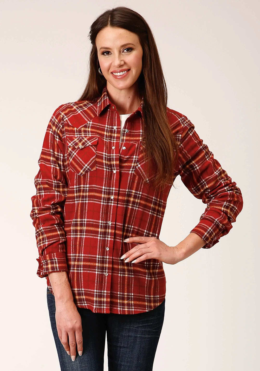 Roper Womens Long Sleeve Snap Rust Wine Gold Plaid Unlined Flannel Shirt Western Shirt - Roper - Flyclothing LLC