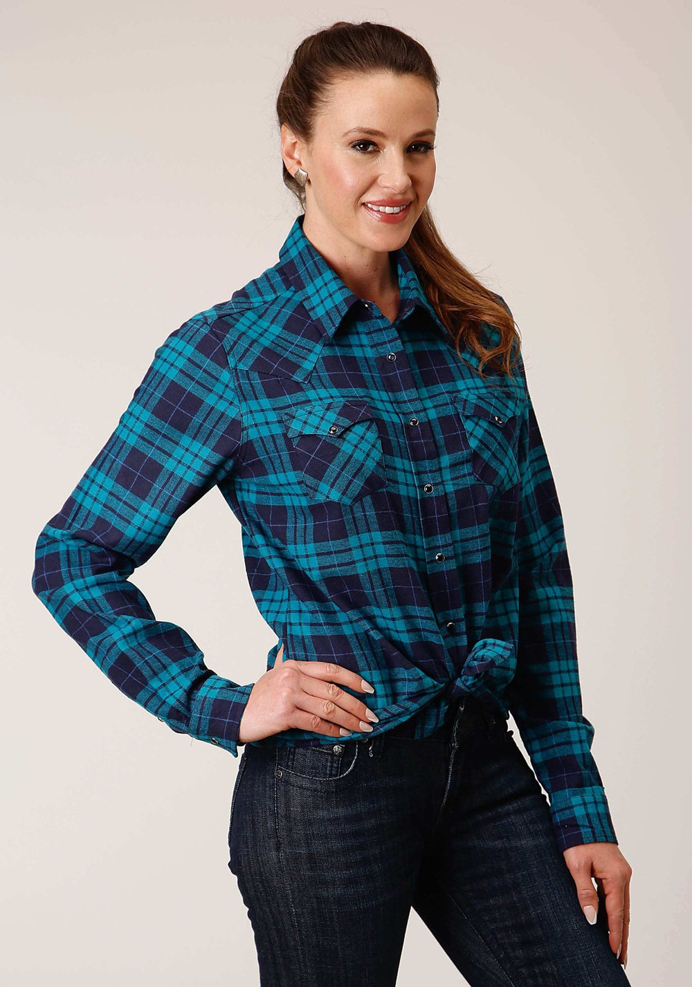 Roper Womens Long Sleeve Snap Turquoise Navy Plaid Unlined Flannel Shirt Western Shirt - Roper - Flyclothing LLC