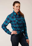 Roper Womens Long Sleeve Snap Turquoise Navy Plaid Unlined Flannel Shirt Western Shirt - Roper - Flyclothing LLC