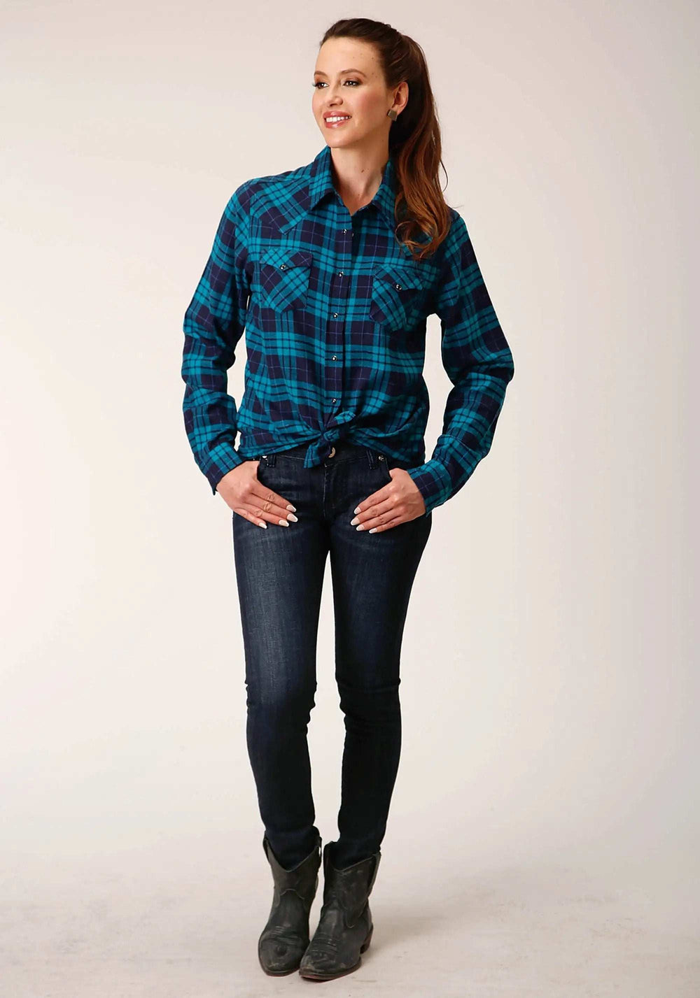 Roper Womens Long Sleeve Snap Turquoise Navy Plaid Unlined Flannel Shirt Western Shirt - Roper - Flyclothing LLC