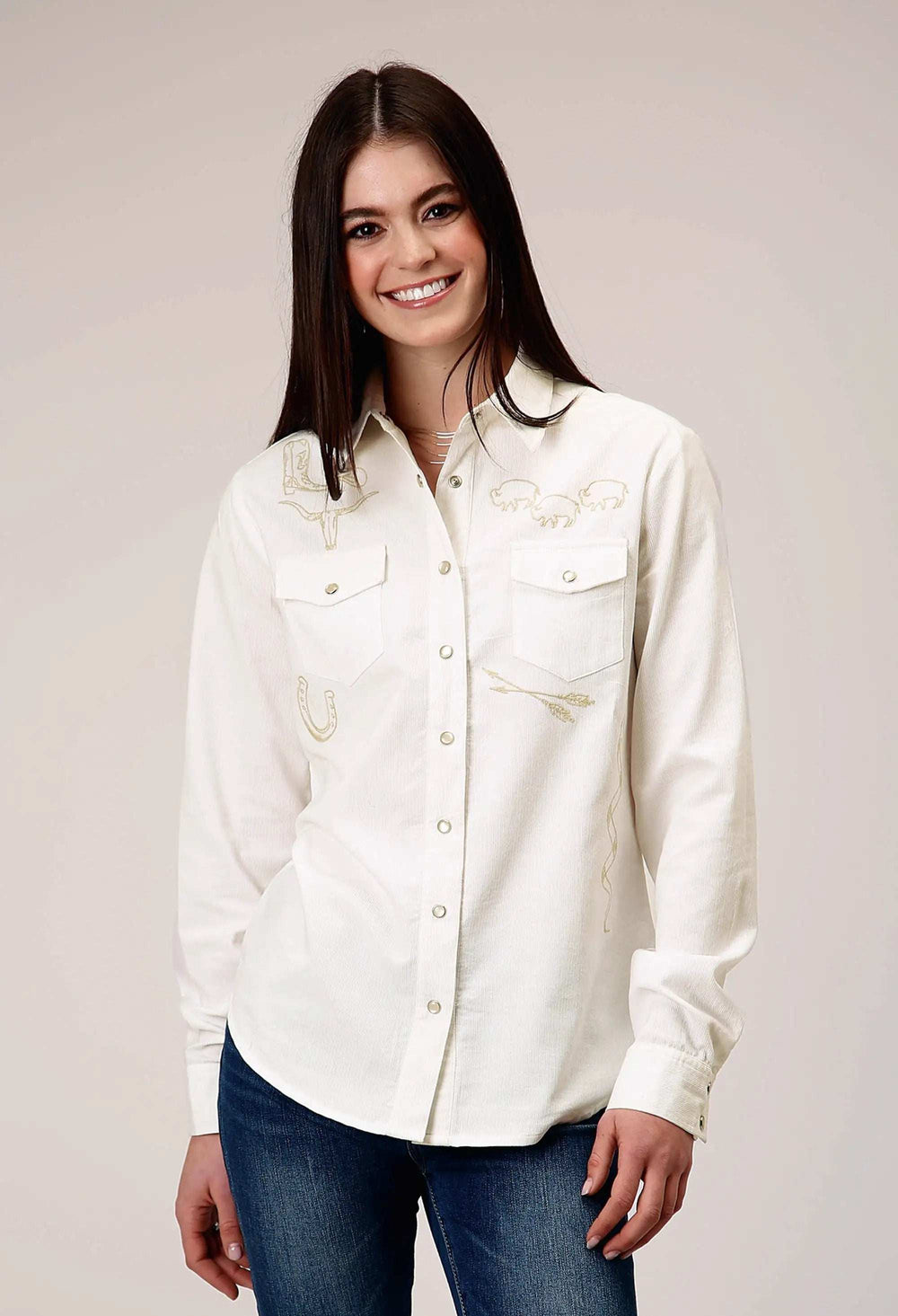 Roper Womens Long Sleeve Snap Cream Corduroy Western Blouse With Embroidery Decoration - Roper - Flyclothing LLC