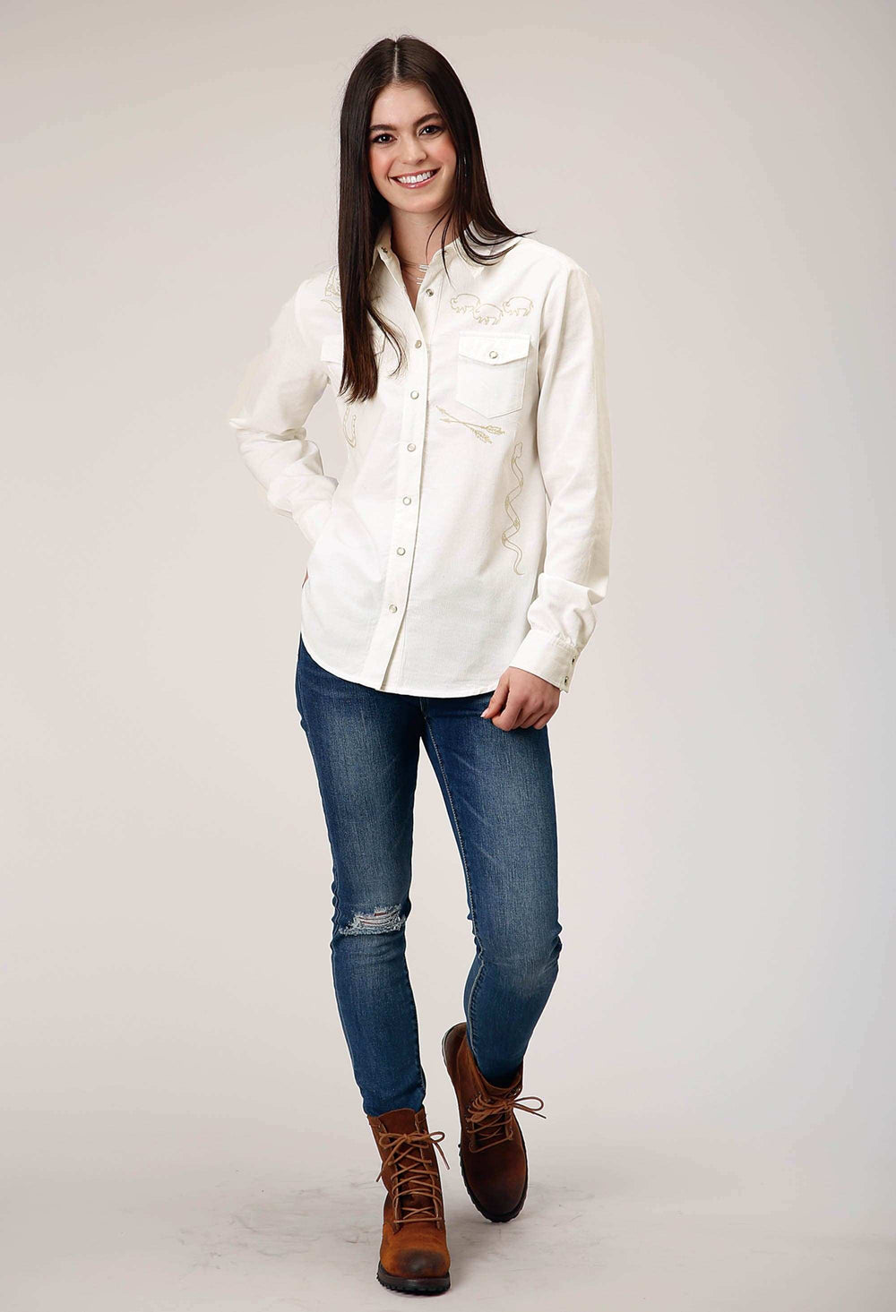 Roper Womens Long Sleeve Snap Cream Corduroy Western Blouse With Embroidery Decoration - Roper - Flyclothing LLC