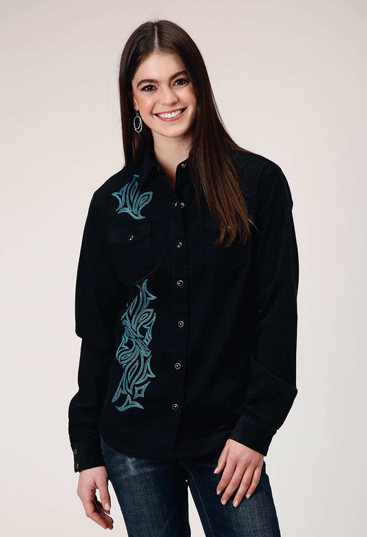 Roper Womens Long Sleeve Snap Jet Black Corduroy Western Blouse With Embroidery Decoration - Roper - Flyclothing LLC