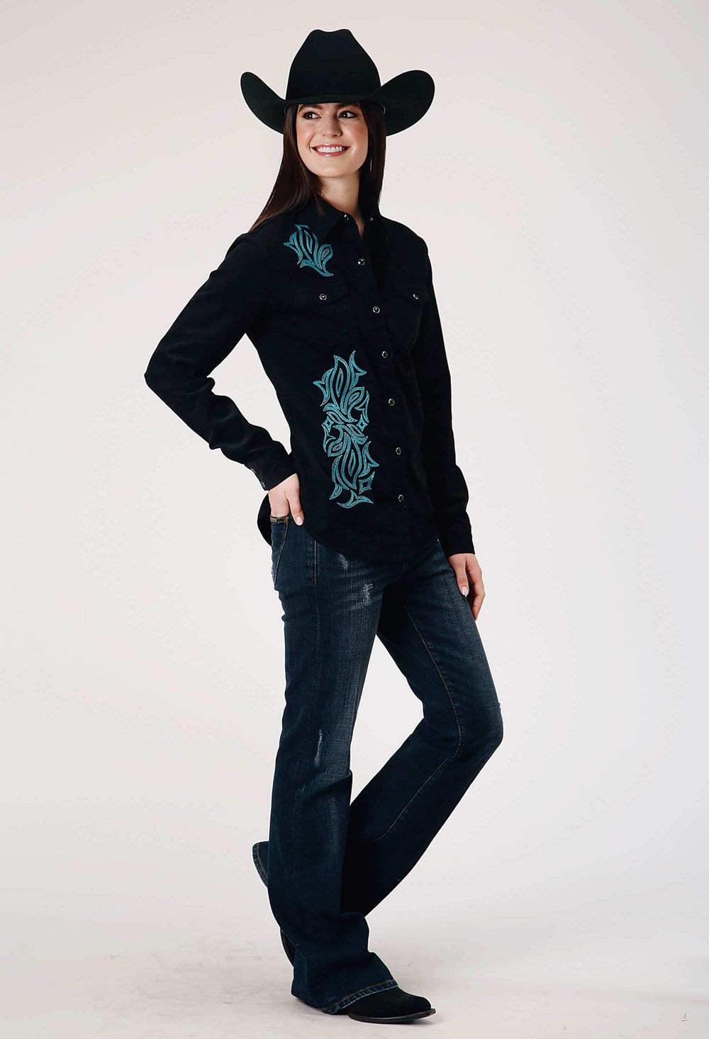 Roper Womens Long Sleeve Snap Jet Black Corduroy Western Blouse With Embroidery Decoration - Roper - Flyclothing LLC