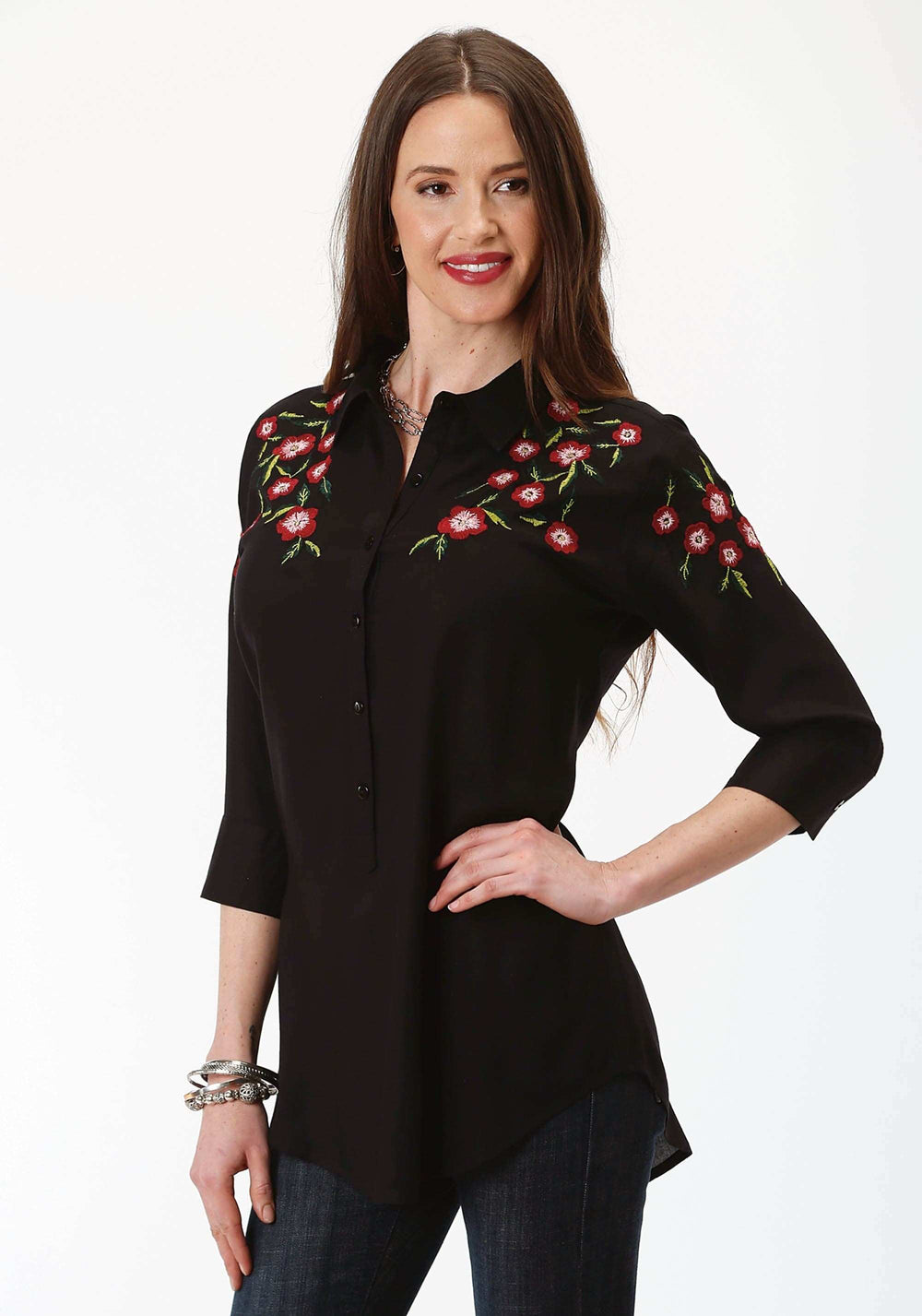 Roper Womens Solid Black With Floral Embroidery Long Sleeve Western Shirt - Roper - Flyclothing LLC