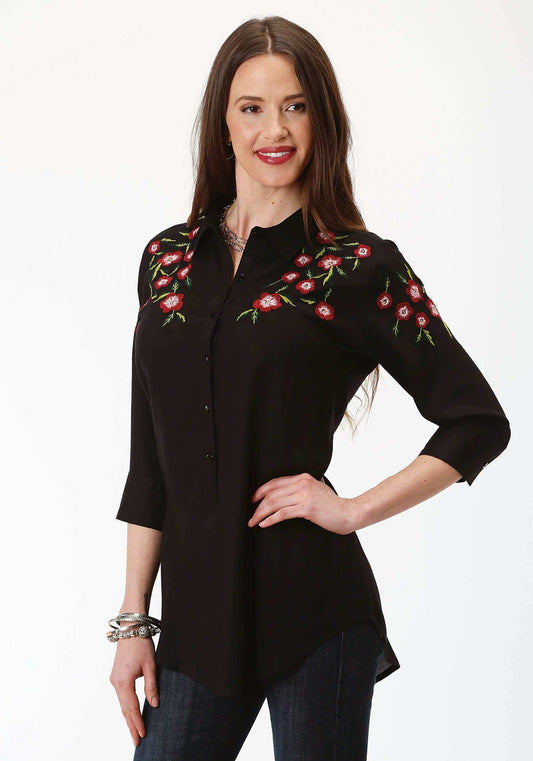 Roper Womens Solid Black With Floral Embroidery Long Sleeve Western Shirt - Roper - Flyclothing LLC