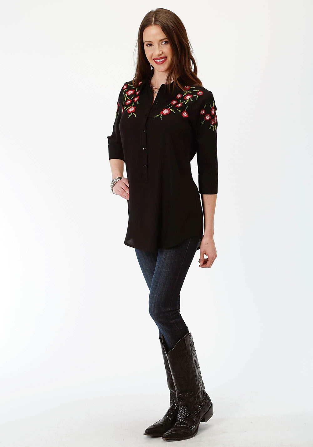 Roper Womens Solid Black With Floral Embroidery Long Sleeve Western Shirt - Roper - Flyclothing LLC