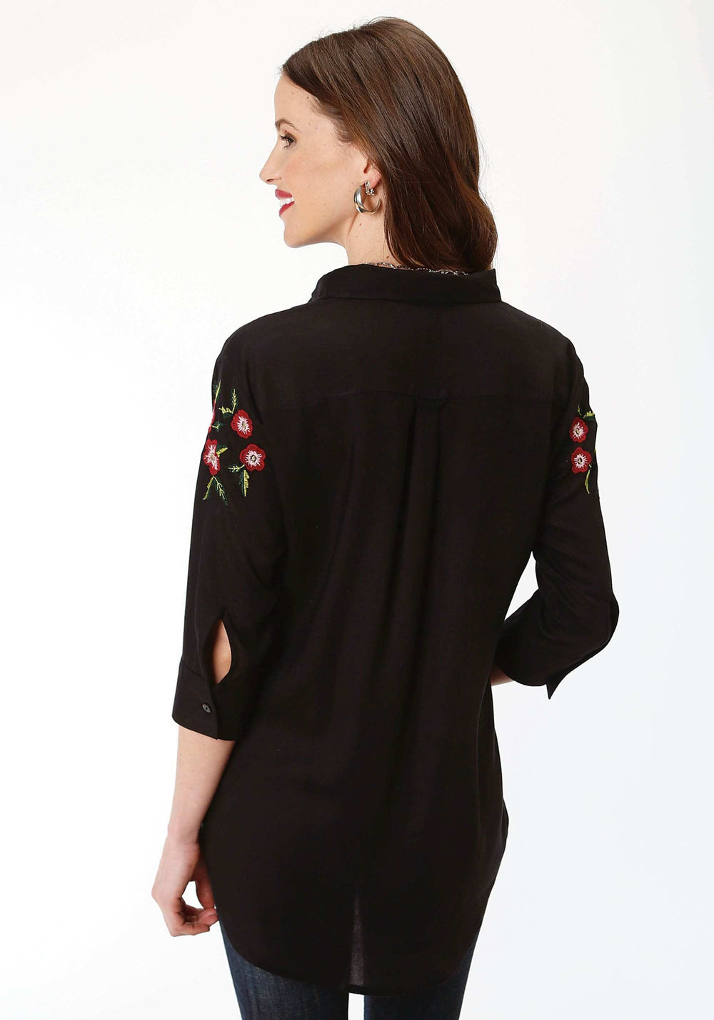 Roper Womens Solid Black With Floral Embroidery Long Sleeve Western Shirt - Roper - Flyclothing LLC
