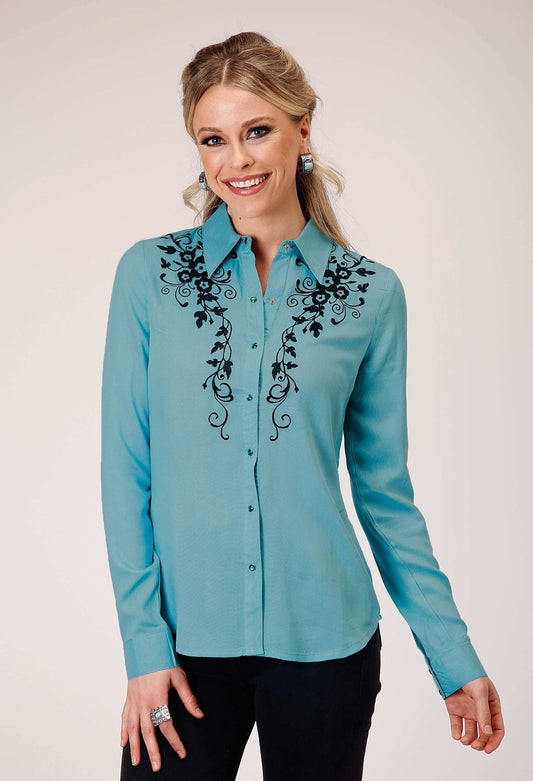 Roper Womens Long Sleeve Button Rayon Challis Blousen Western Shirt With Embroidery On Front And Sleeves - Roper - Flyclothing LLC