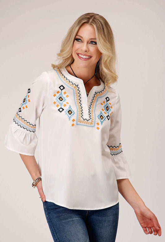 Roper Womens Long Sleeve Pullover Poly Crepe V Neck Peasant Western Blouse With Three Quarter Bell Sleeves Embroidery - Roper - Flyclothing LLC