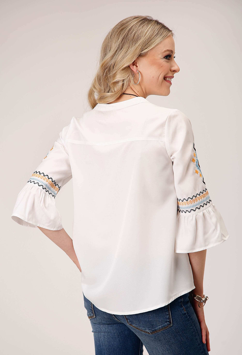 Roper Womens Long Sleeve Pullover Poly Crepe V Neck Peasant Western Blouse With Three Quarter Bell Sleeves Embroidery - Roper - Flyclothing LLC