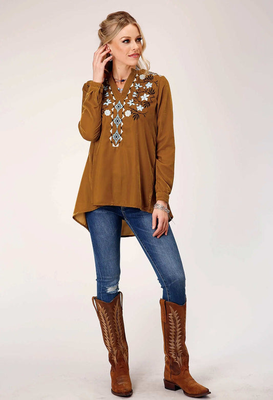 Roper Womens Long Sleeve Pullover Poly Velvet V Neck Tunic Western Shirt With Embroidery - Roper - Flyclothing LLC