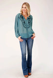 Roper Womens Long Sleeve Pullover Poly Georgette Peasant Western Blouse With Stand Collar With Selfront Tie Embroidery - Roper - Flyclothing LLC