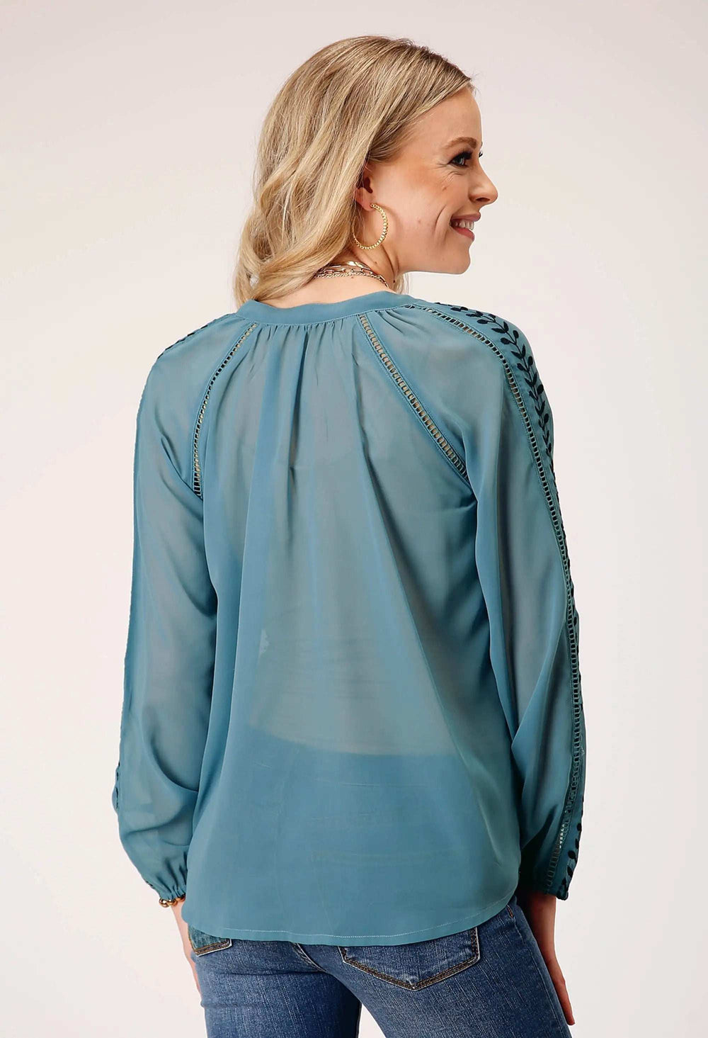 Roper Womens Long Sleeve Pullover Poly Georgette Peasant Western Blouse With Stand Collar With Selfront Tie Embroidery - Roper - Flyclothing LLC