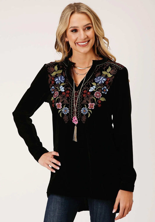 Roper Womens Long Sleeve Black Velvet Tunic Top Blouse - Roper - Flyclothing LLC