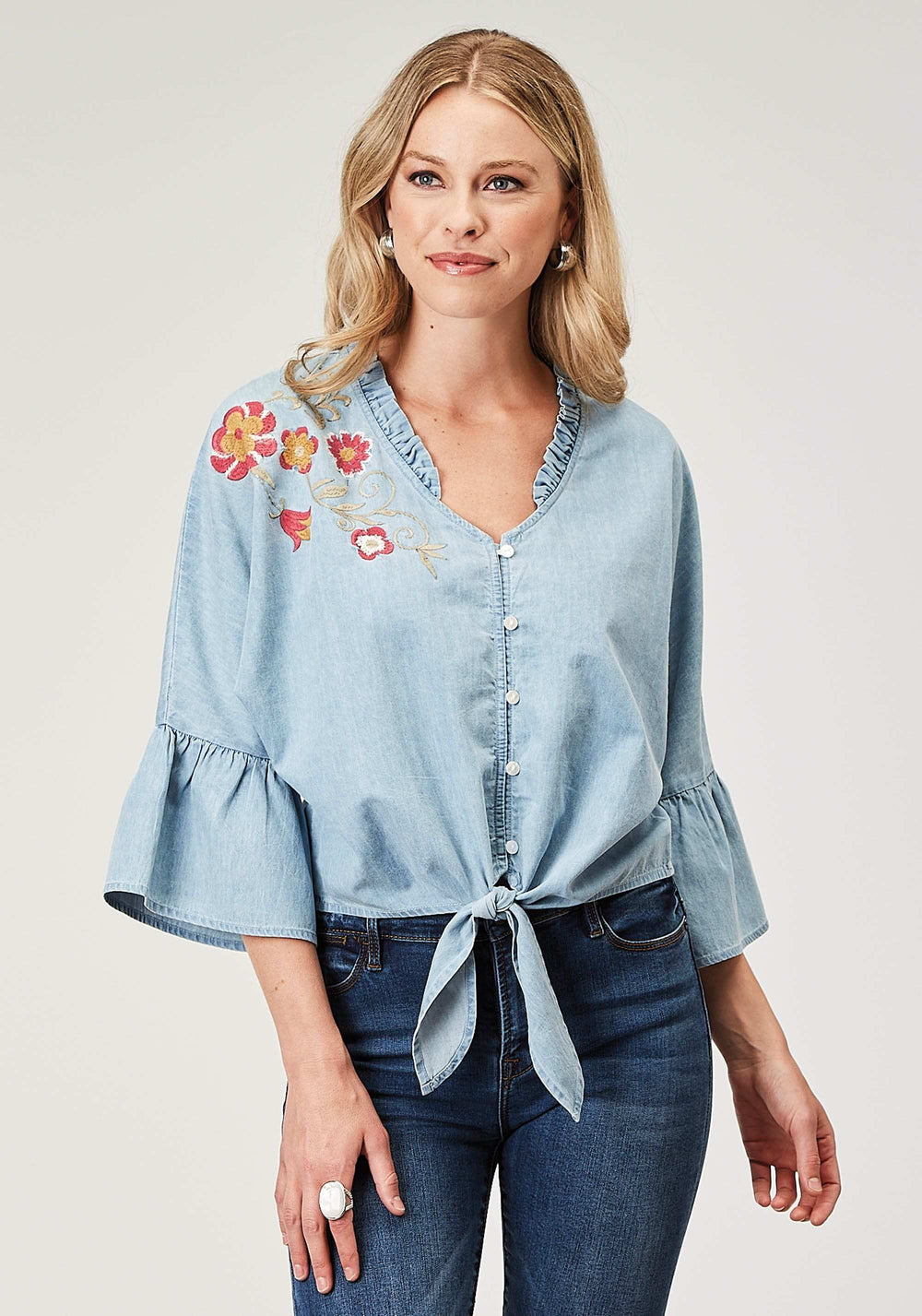 Roper Womens Long Sleeve Button Light Blue Cotton Denim Blousen Western Shirt With V Neck Ruffle Collar Raglan Sleeves Embroidery - Roper - Flyclothing LLC