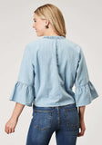 Roper Womens Long Sleeve Button Light Blue Cotton Denim Blousen Western Shirt With V Neck Ruffle Collar Raglan Sleeves Embroidery - Roper - Flyclothing LLC