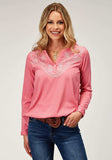 Roper Womens Long Sleeve Pullover Pink Poly Crepe V Neck Western Shirt With Embroidery Bodice And Rollable Ls - Roper - Flyclothing LLC