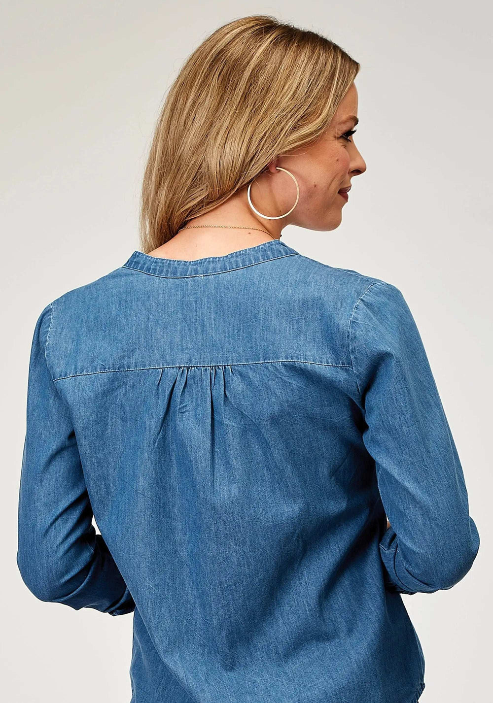 Roper Womens Long Sleeve Button Light Weight Med Blue Denim Blouse Western Shirt With V Neck Tie Front Embroidery Front - Roper - Flyclothing LLC