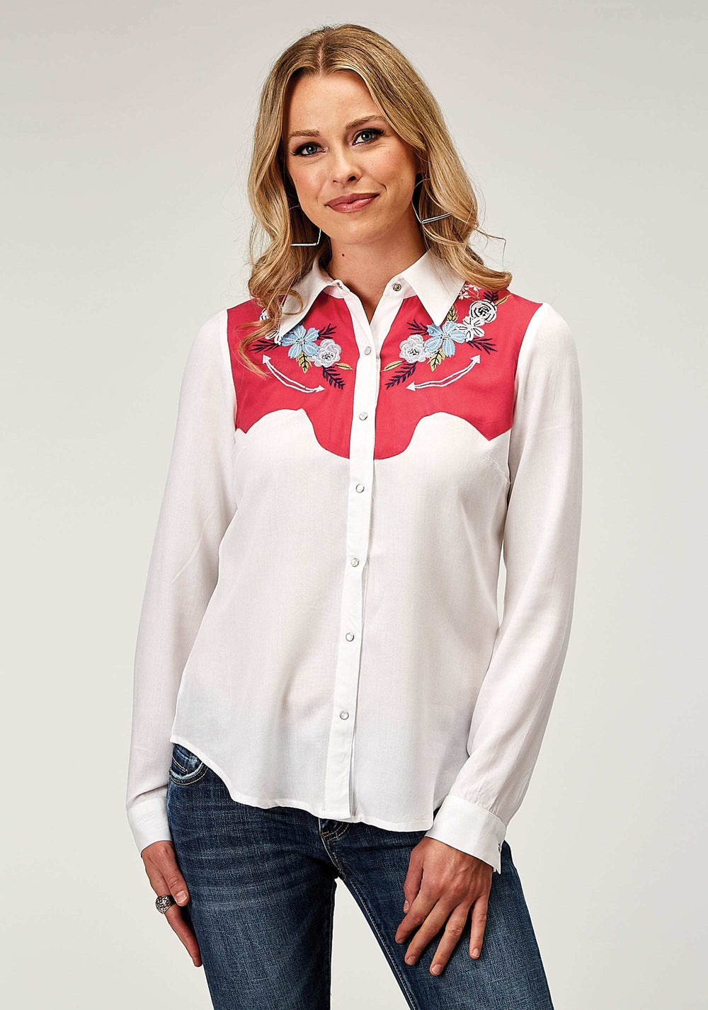 Roper Womens Long Sleeve Snap Rayon Challis Retro Western Shirt With Contrast Yokes Smile Pockets And Embroidery - Roper - Flyclothing LLC