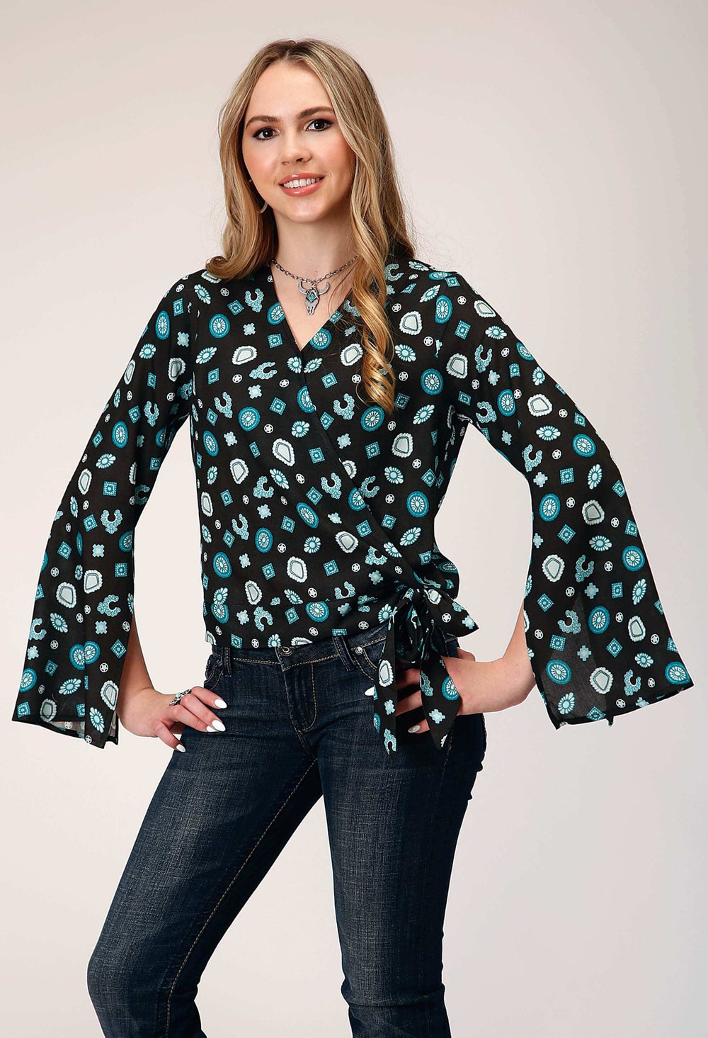 Roper Womens Long Sleeve Pullover Jewelry Print Rayon Wrap Western Blouse With Bell Sleeve With Side Split Opening Self Tie - Roper - Flyclothing LLC