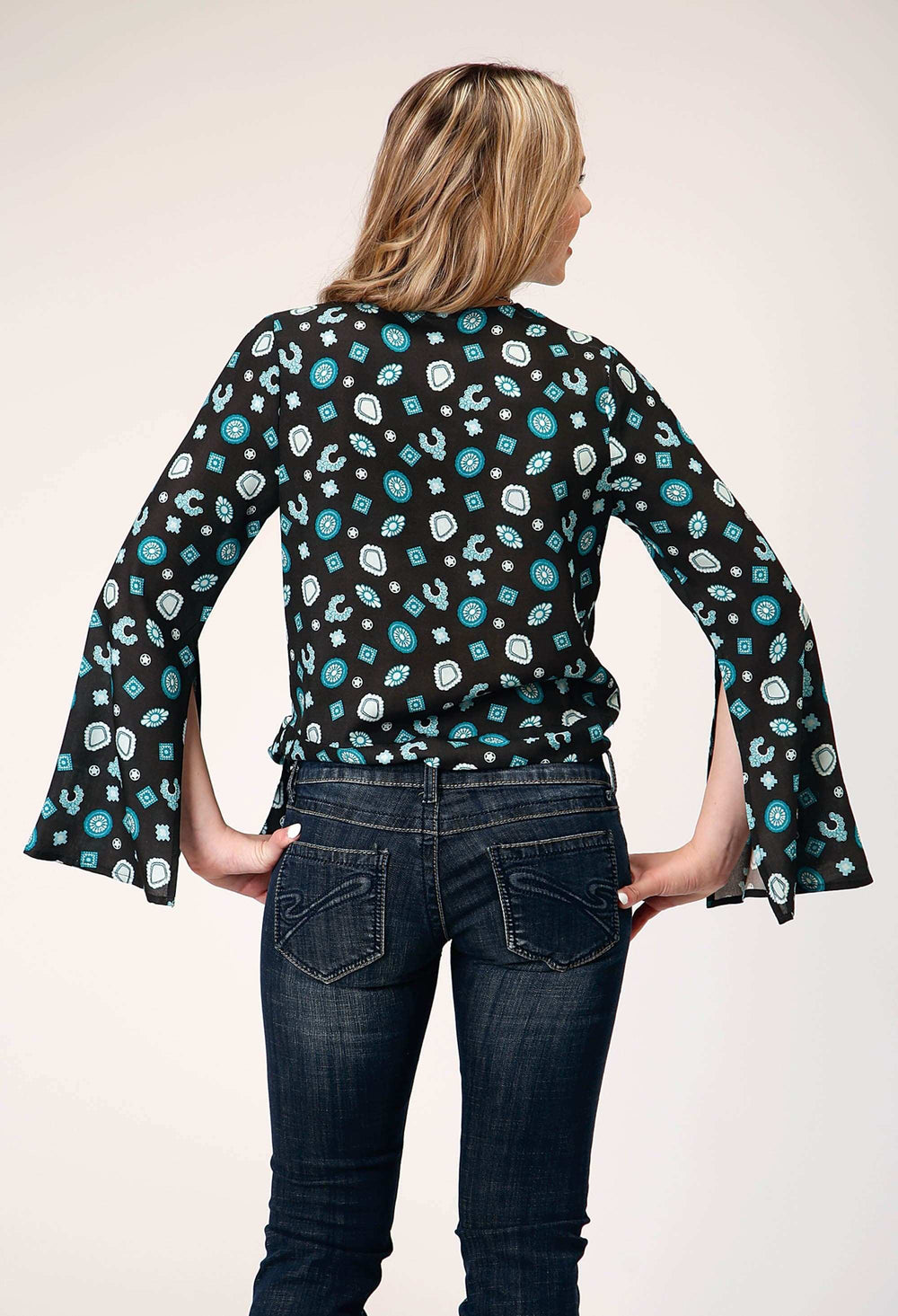 Roper Womens Long Sleeve Pullover Jewelry Print Rayon Wrap Western Blouse With Bell Sleeve With Side Split Opening Self Tie - Roper - Flyclothing LLC