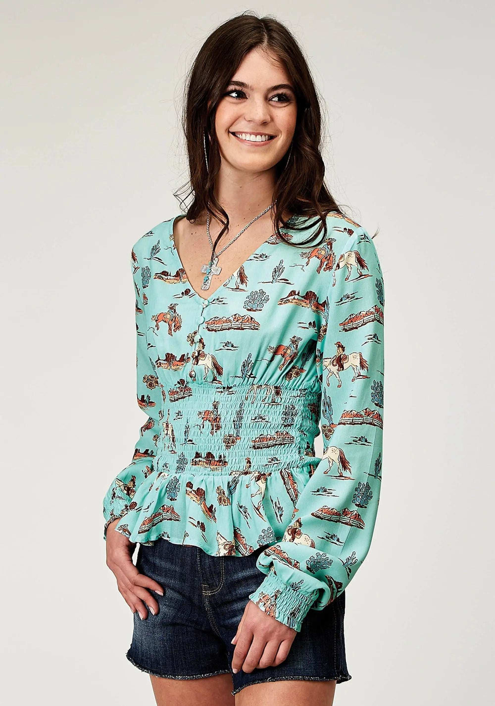 Roper Womens Long Sleeve Button Desert Toile Print Rayon Peasant Blouse With Peplum Shirred Waist - Roper - Flyclothing LLC