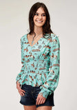 Roper Womens Long Sleeve Button Desert Toile Print Rayon Peasant Blouse With Peplum Shirred Waist - Roper - Flyclothing LLC