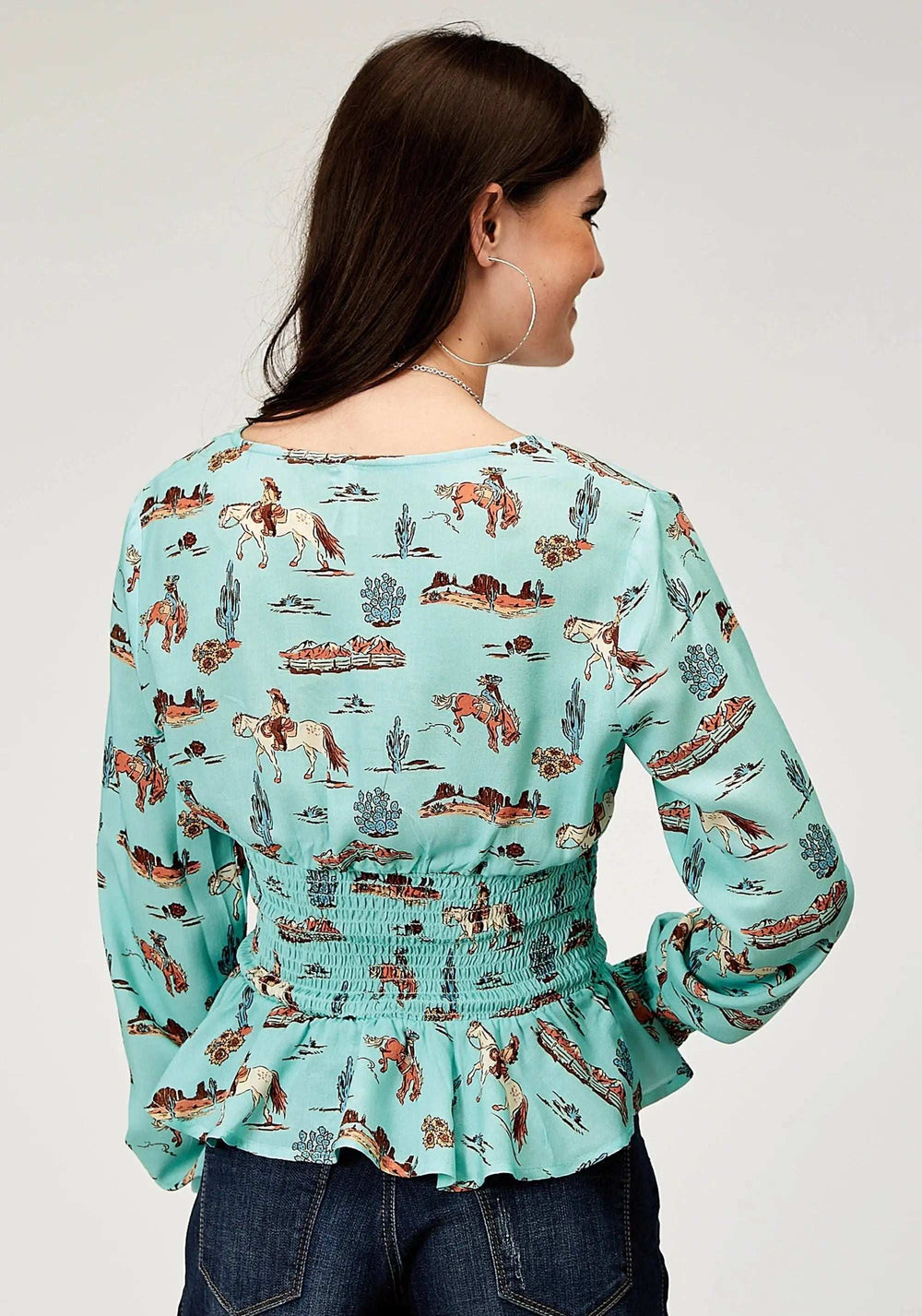 Roper Womens Long Sleeve Button Desert Toile Print Rayon Peasant Blouse With Peplum Shirred Waist - Roper - Flyclothing LLC