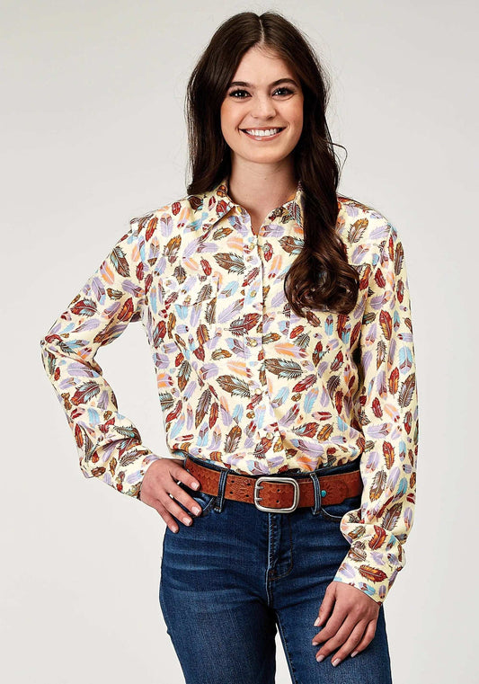 Roper Womens Long Sleeve Snap Feather Toss Printed Rayon Western Blouse - Roper - Flyclothing LLC