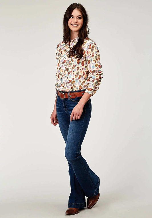 Roper Womens Long Sleeve Snap Feather Toss Printed Rayon Western Blouse - Roper - Flyclothing LLC