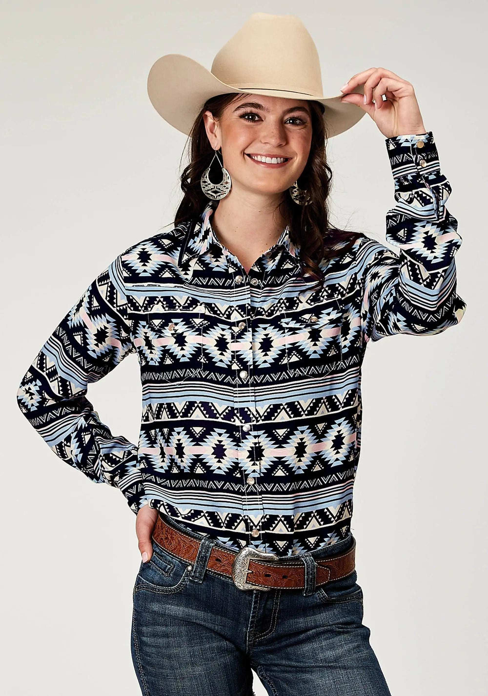 Roper Womens Long Sleeve Snap Navy Aztec Printed Rayon Western Blouse - Roper - Flyclothing LLC