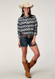 Roper Womens Long Sleeve Snap Navy Aztec Printed Rayon Western Blouse - Roper - Flyclothing LLC