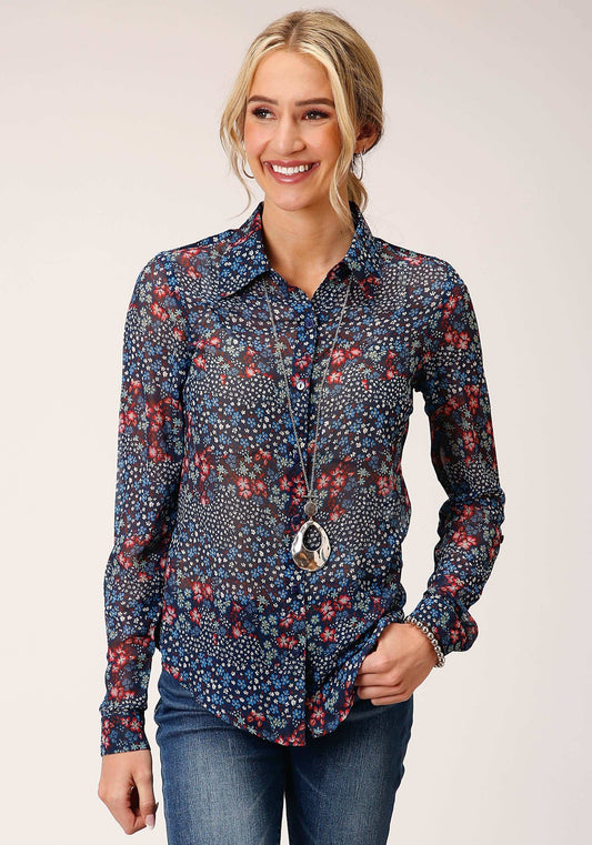 Roper Womens Long Sleeve Ditzy Floral Print Polyester Shirt Blouse - Roper - Flyclothing LLC