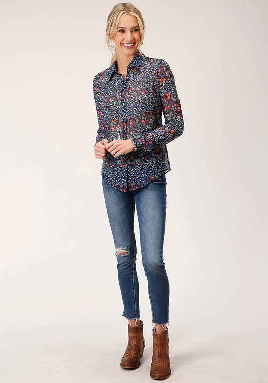 Roper Womens Long Sleeve Ditzy Floral Print Polyester Shirt Blouse - Roper - Flyclothing LLC