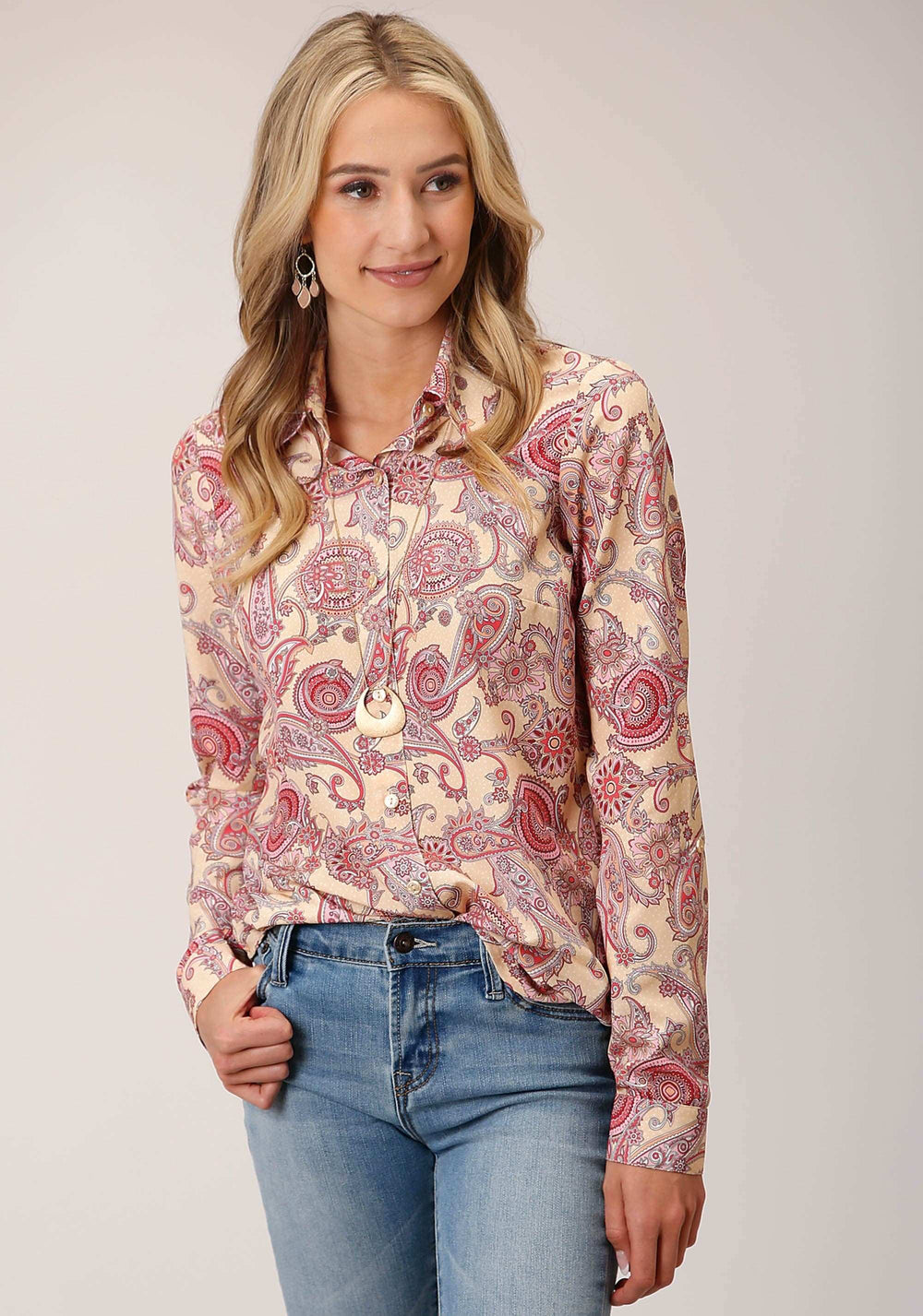 Roper Womens Long Sleeve Spring Paisley Print Poly Crepe Blouse - Roper - Flyclothing LLC