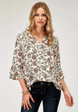 Roper Womens Long Sleeve Pullover Vintage Floral Print Peasant Blouse With Split V Placket Three Quarter Sleeves - Roper - Flyclothing LLC