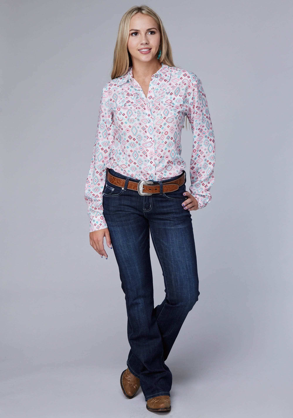 Roper Womens Long Sleeve Snap Scattered Aztec Printed Rayon Western Blouse - Roper - Flyclothing LLC