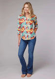 Roper Womens Long Sleeve Button Ikat Paisley Print Poly Crepe Western Shirt With Tab And Button On Sleeves - Roper - Flyclothing LLC