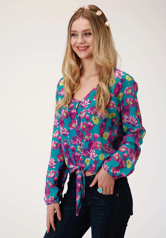 Roper Womens Blue Pink And Green Cactus Print Long Sleeve Western Shirt - Roper - Flyclothing LLC