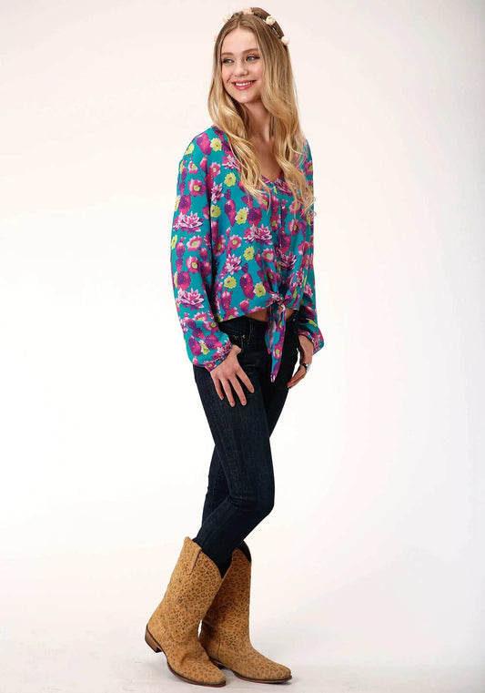 Roper Womens Blue Pink And Green Cactus Print Long Sleeve Western Shirt - Roper - Flyclothing LLC