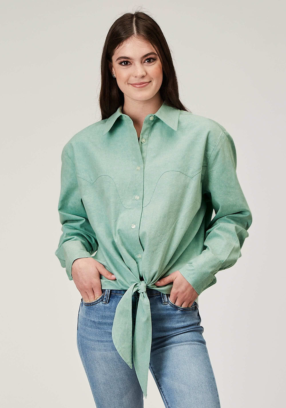 Roper Womens Long Sleeve Button Light Blue Denim Retro Western Blouse Retro Front And Back Yokes Cropped With Front Ties - Roper - Flyclothing LLC