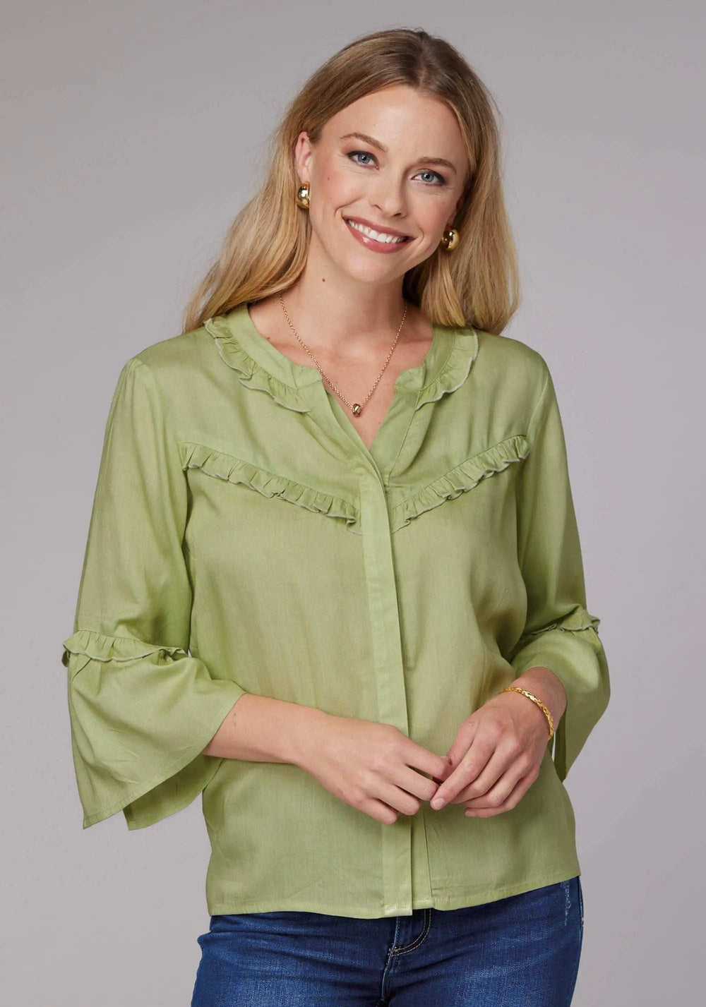 Roper Womens Long Sleeve Button Lime Green Rayon Challis Western Blouse With Ruffle Detail Elbow Length Bell Sleeve - Roper - Flyclothing LLC