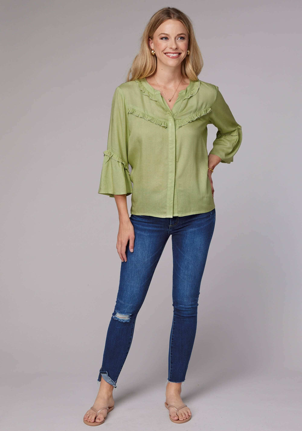 Roper Womens Long Sleeve Button Lime Green Rayon Challis Western Blouse With Ruffle Detail Elbow Length Bell Sleeve - Roper - Flyclothing LLC