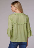 Roper Womens Long Sleeve Button Lime Green Rayon Challis Western Blouse With Ruffle Detail Elbow Length Bell Sleeve - Roper - Flyclothing LLC