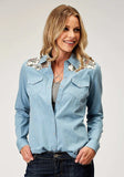 Roper Womens Long Sleeve Snap Light Blue Cotton Denim Retro Western Shirt With Vintage Floral Print Front And Back Yokes - Roper - Flyclothing LLC