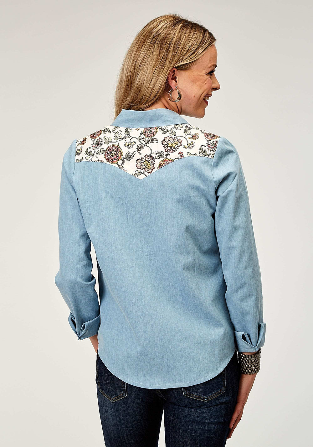 Roper Womens Long Sleeve Snap Light Blue Cotton Denim Retro Western Shirt With Vintage Floral Print Front And Back Yokes - Roper - Flyclothing LLC