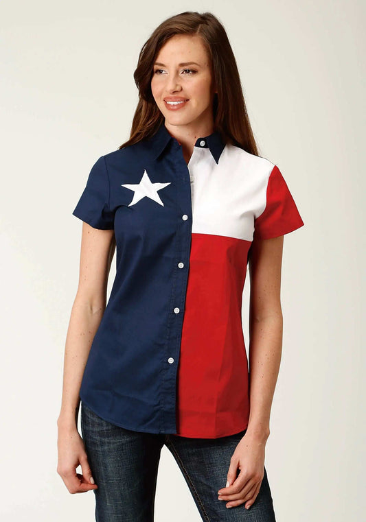 Roper Womens Red White And Blue Pieced Texas Flag Short Sleeve Western Snap Shirt - Roper - Flyclothing LLC